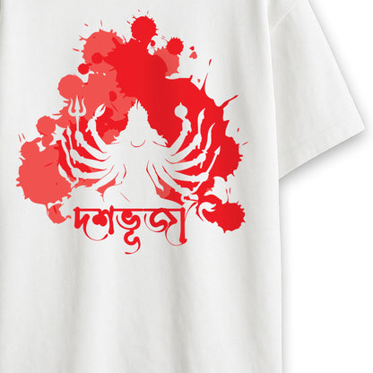Back or side view of Dashabhuja Durga Puja oversized T-shirt, relaxed unisex fit