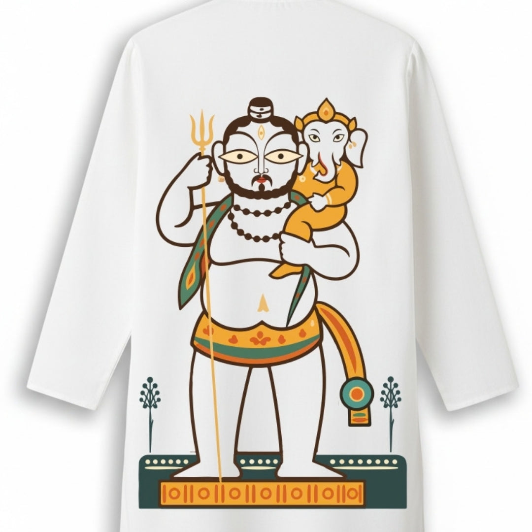 Back of white Shiva Ganesha panjabi with flat-icon print of Shiva carrying baby Ganesha in ochre and teal