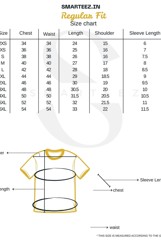 Size chart for Monon-e Robi Rabindranath Tagore T-Shirt in regular fit, showing measurements from 2XS to 6XL for accurate apparel selection.