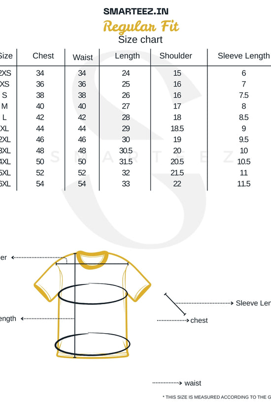 Regular fit size chart for Will We Ever Know – Netaji T-shirt, showing chest, waist, length, shoulder, and sleeve measurements from 2XS to 6XL.