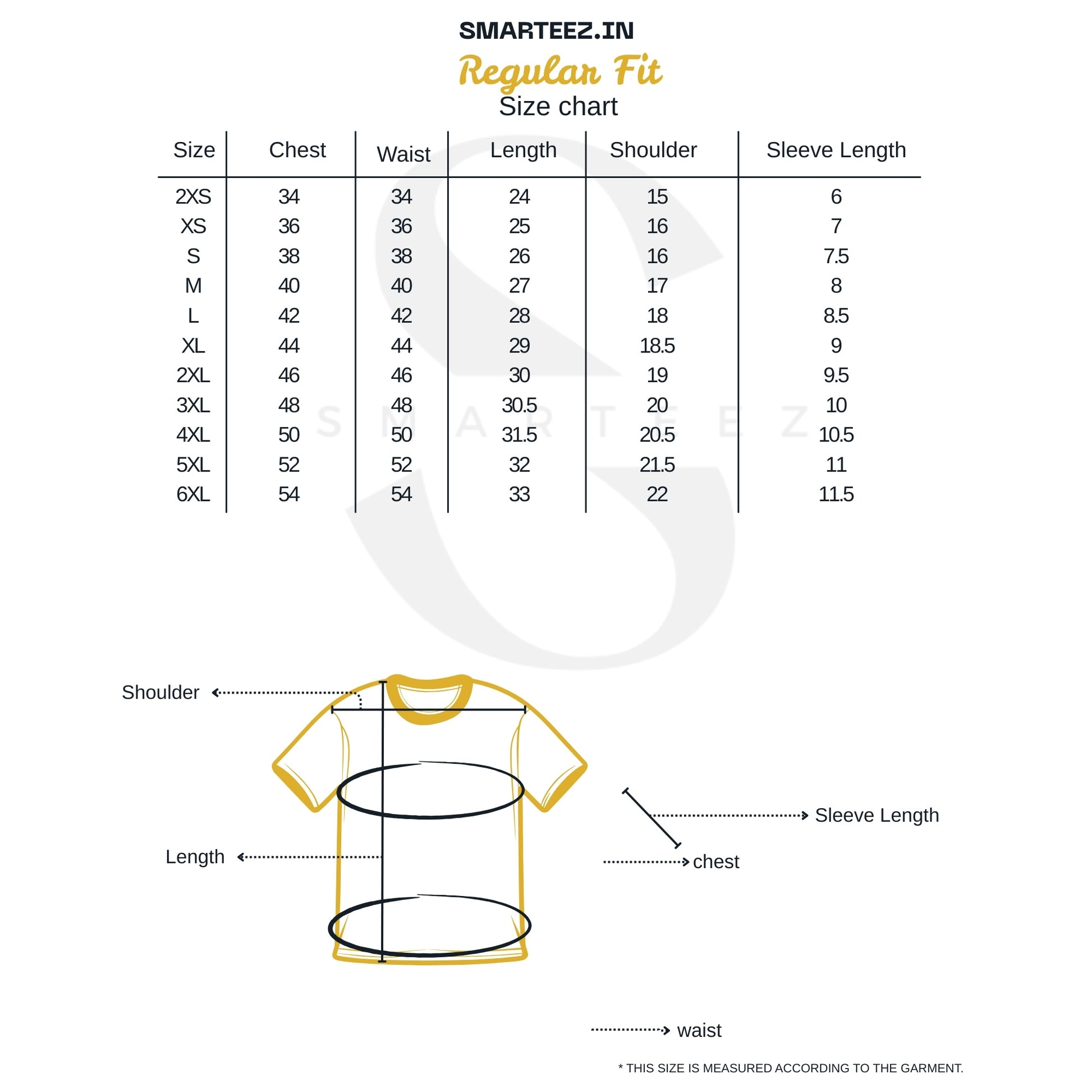 Regular fit size chart for Will We Ever Know – Netaji T-shirt, showing chest, waist, length, shoulder, and sleeve measurements from 2XS to 6XL.