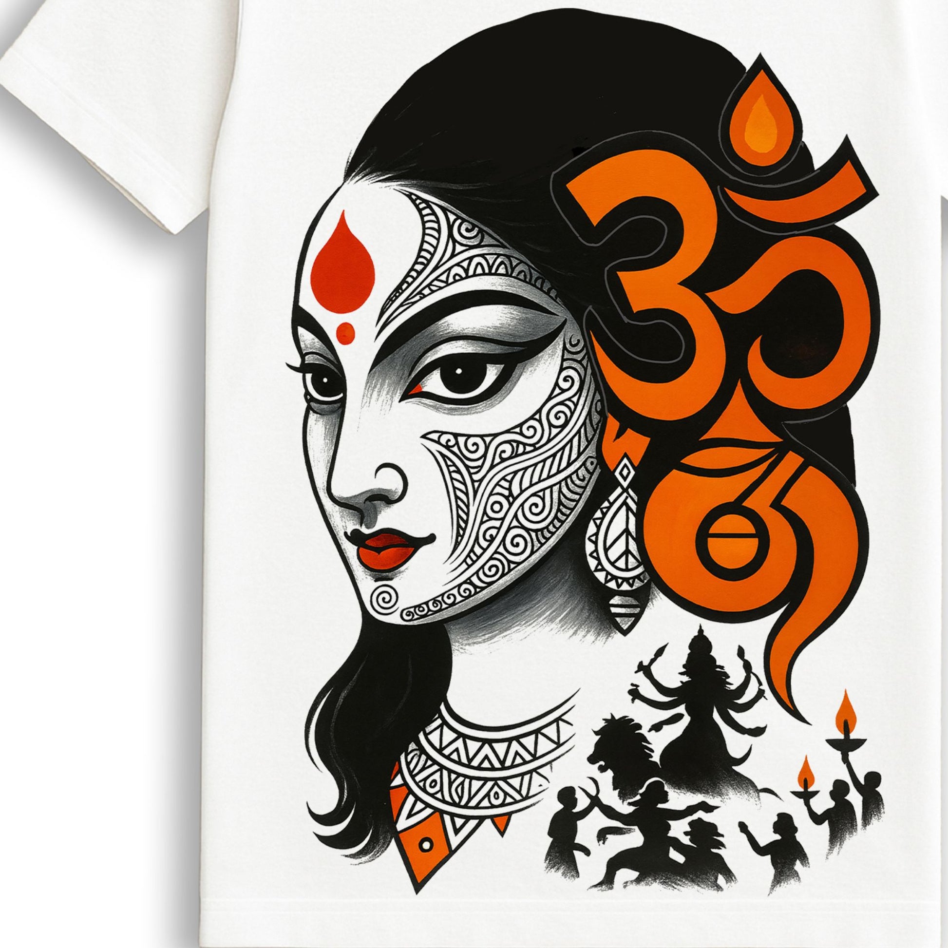 Back or side view of Om Shakti Durga Puja graphic T-shirt, premium cotton unisex fit