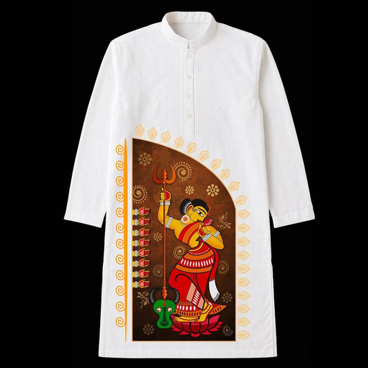 Mahishasurmardini Kurta - Durga Puja Panjabi in white cotton featuring vibrant folk art of Goddess Durga slaying Mahishasura. Ideal festive wear for men.