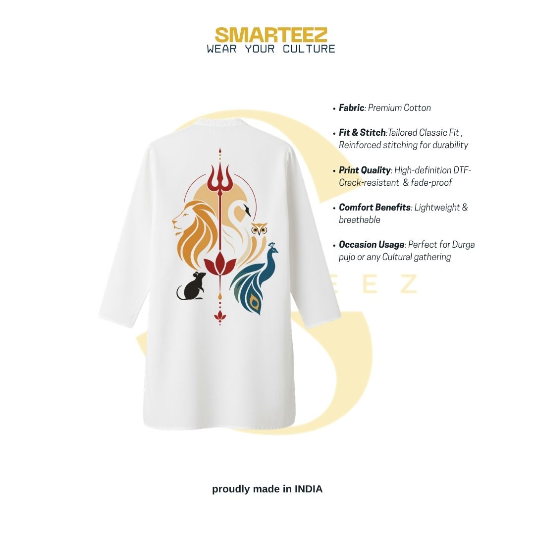 Smarteez Panchadevta Vahana Panjabi product infographic showing fabric, fit, print quality and Durga Puja occasion details