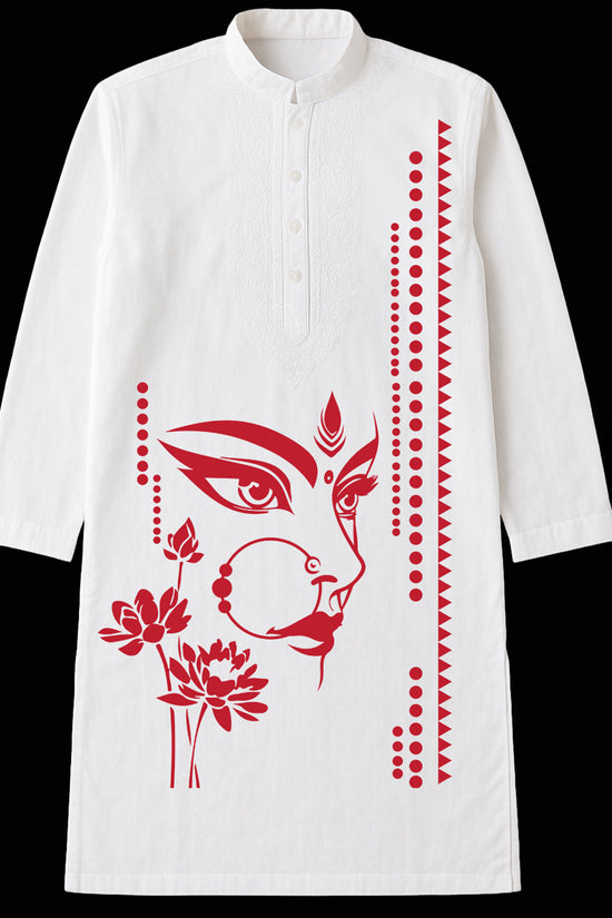 Devi Durga Kurta for Men in white cotton featuring a bold red Durga face print with lotus motifs. Ideal for festive and spiritual occasions.