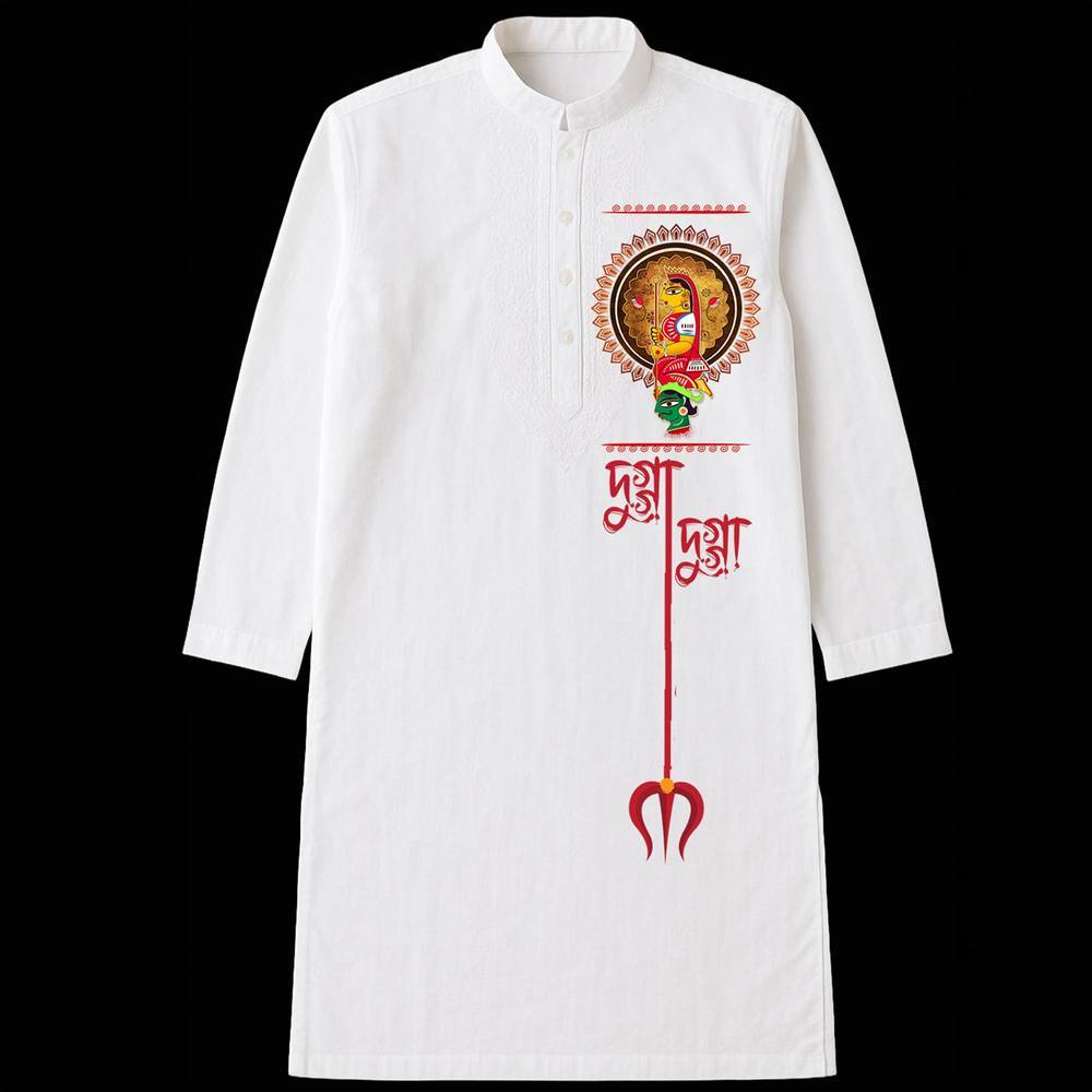 Dugga Dugga Kurta for men in white with vibrant Durga motif and red trident, perfect for Durga Puja celebrations and festive traditional wear.
