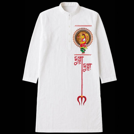 Dugga Dugga Kurta for men in white with vibrant Durga motif and red trident, perfect for Durga Puja celebrations and festive traditional wear.