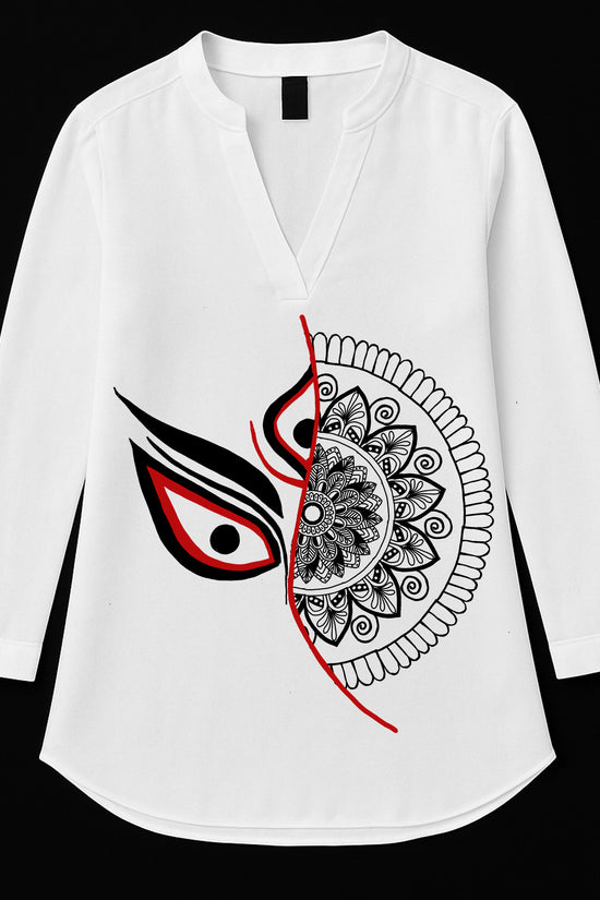 Divine Gaze Kurti featuring Durga's eye and intricate mandala art on white cotton fabric, perfect for spiritual and cultural fashion statements.