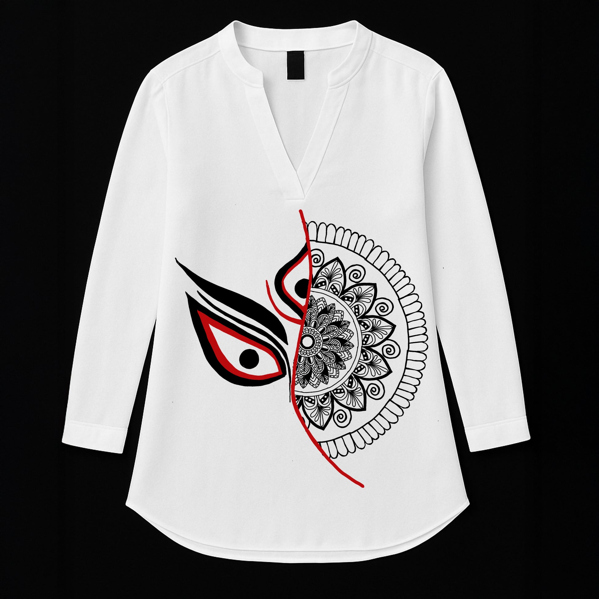 Divine Gaze Kurti featuring Durga's eye and intricate mandala art on white cotton fabric, perfect for spiritual and cultural fashion statements.