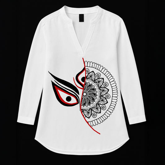 Divine Gaze Kurti featuring Durga's eye and intricate mandala art on white cotton fabric, perfect for spiritual and cultural fashion statements.