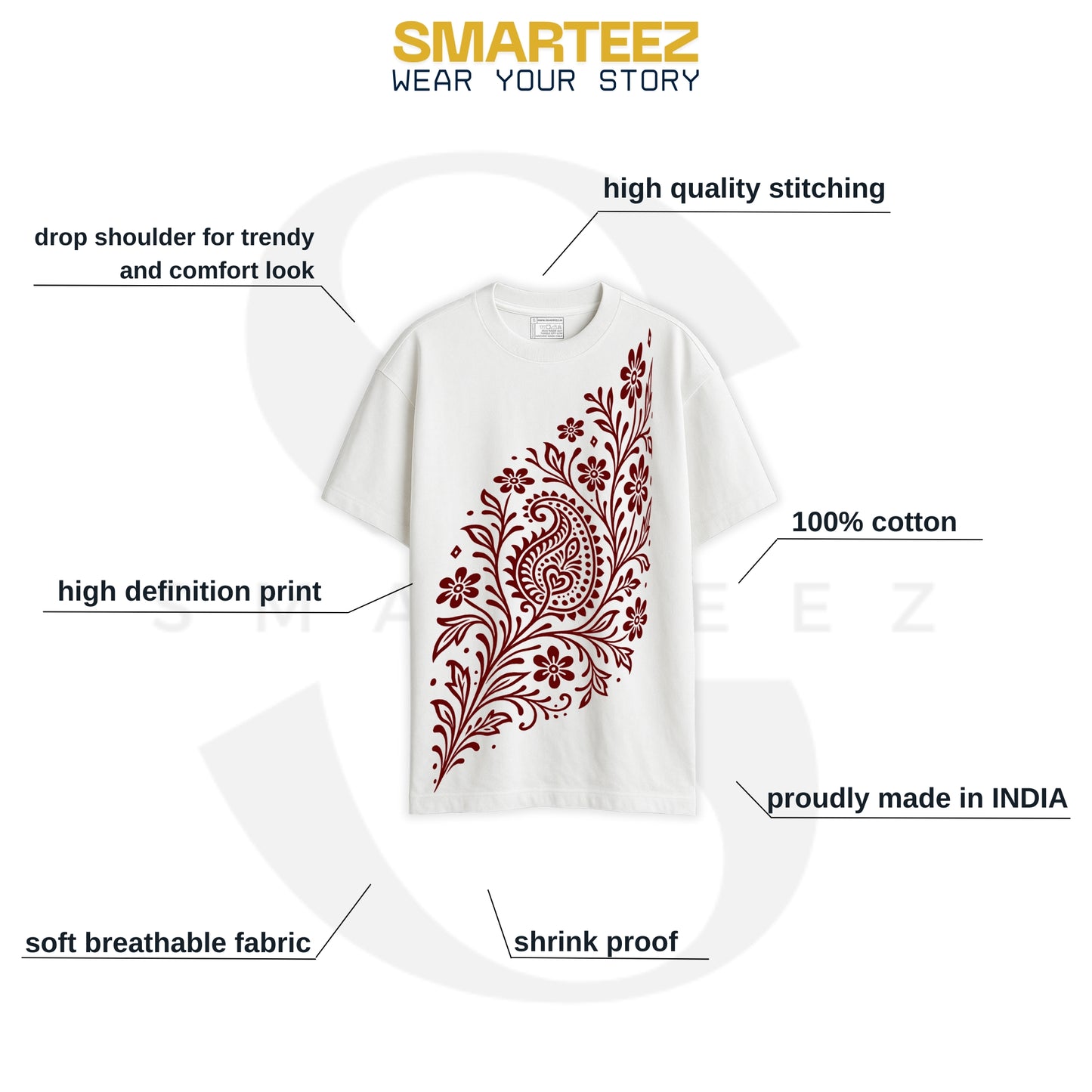 Alpona Grace – Floral Bengali Oversized White T-Shirt | Unisex