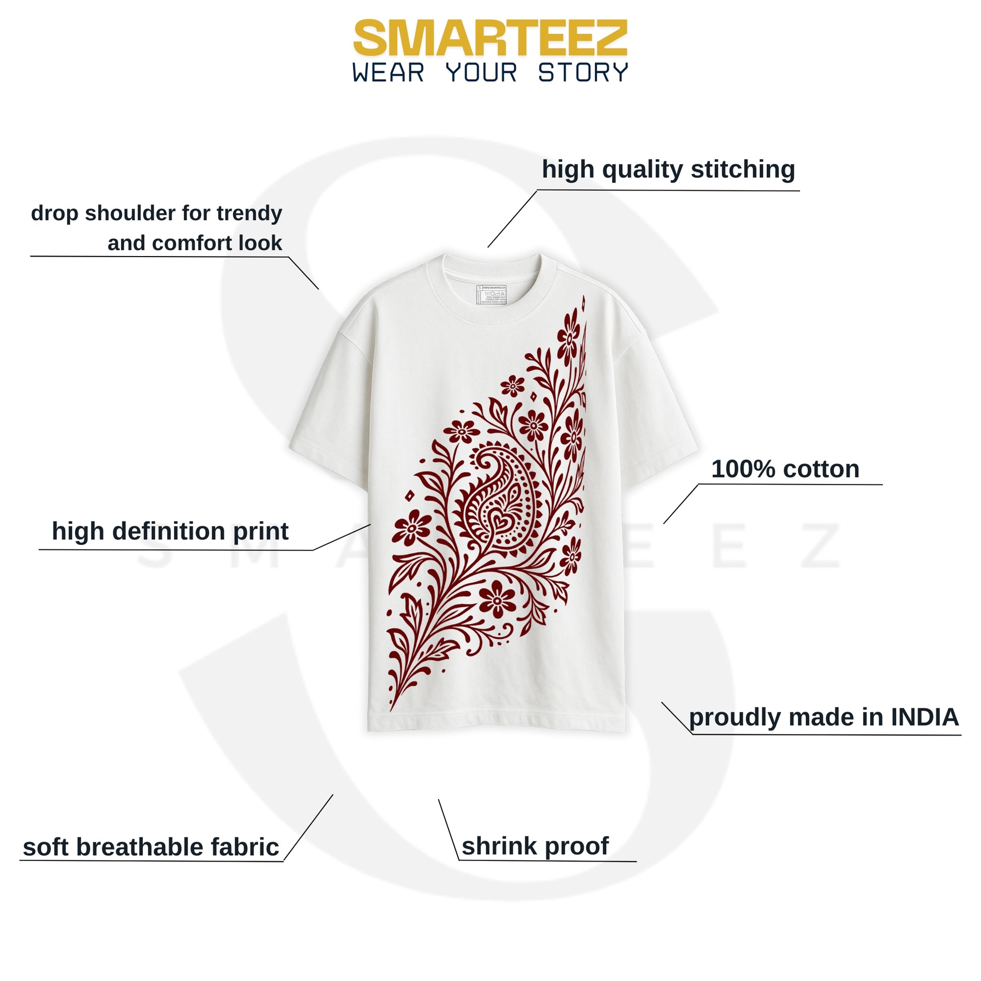 Alpona Grace – Floral Bengali Oversized White T-Shirt | Unisex