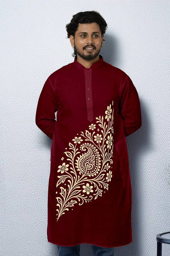 Alpona Grace - Bengali Alpona Panjabi in deep maroon with intricate golden floral design, ideal traditional kurta for festive and cultural occasions.