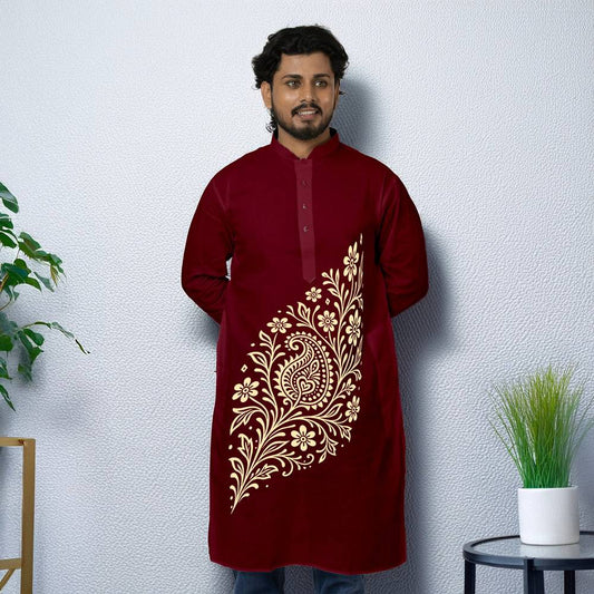 Alpona Grace - Bengali Alpona Panjabi in deep maroon with intricate golden floral design, ideal traditional kurta for festive and cultural occasions.