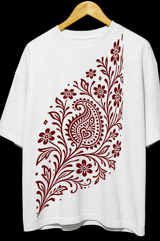 Alpona Grace T-Shirt - Floral Bengali Style in white with intricate red paisley and flower design. Unisex oversized 100% cotton tee for stylish comfort.