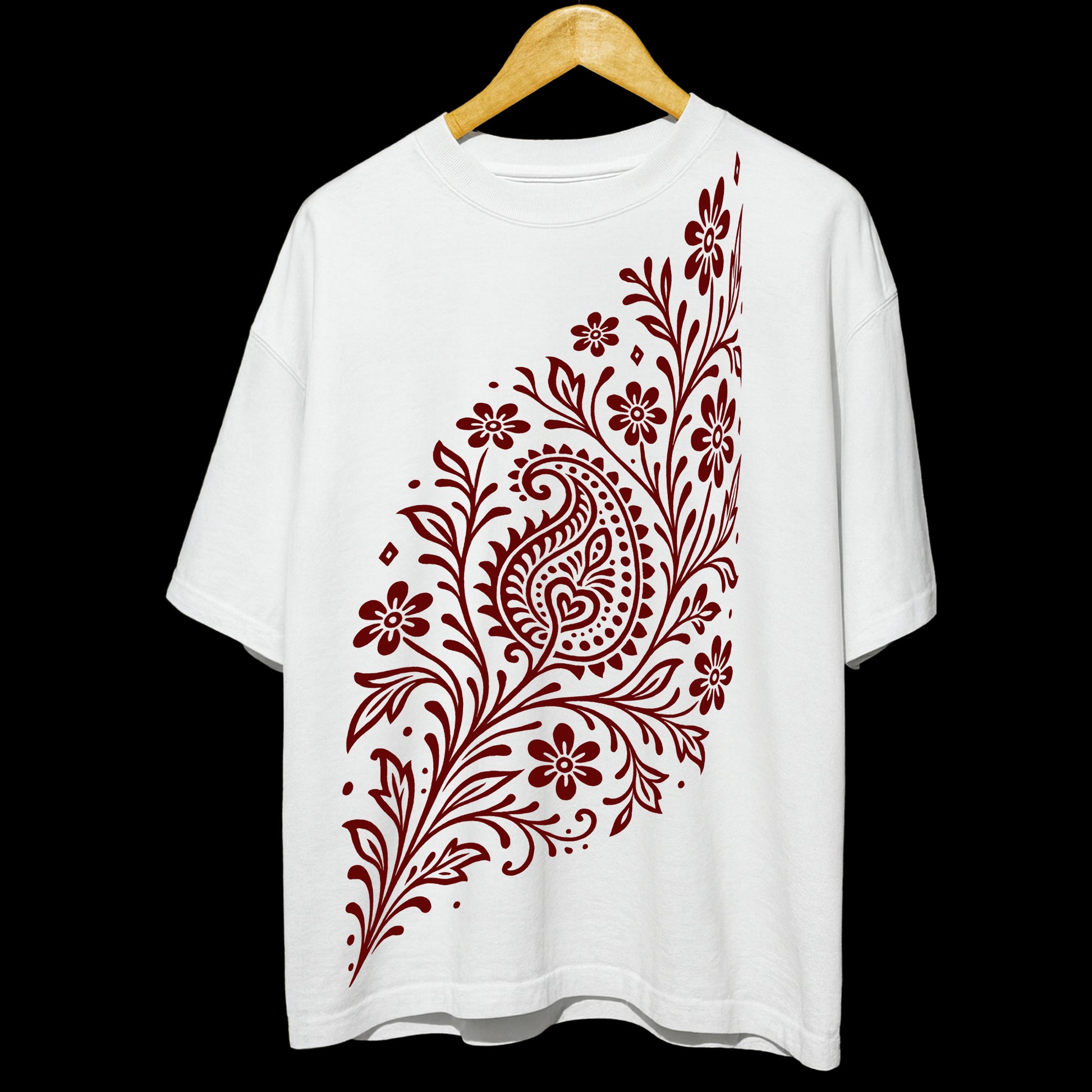 Alpona Grace T-Shirt - Floral Bengali Style in white with intricate red paisley and flower design. Unisex oversized 100% cotton tee for stylish comfort.