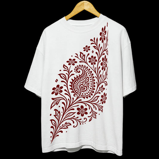 Alpona Grace T-Shirt - Floral Bengali Style in white with intricate red paisley and flower design. Unisex oversized 100% cotton tee for stylish comfort.