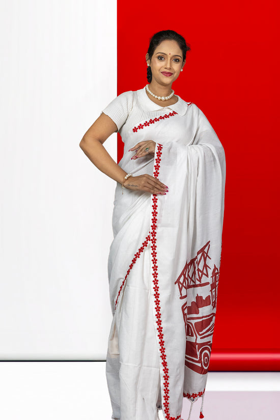 Kolkata Graphic Printed Cotton Saree featuring Howrah Bridge and tram motif, perfect for showcasing Bengali heritage in style.