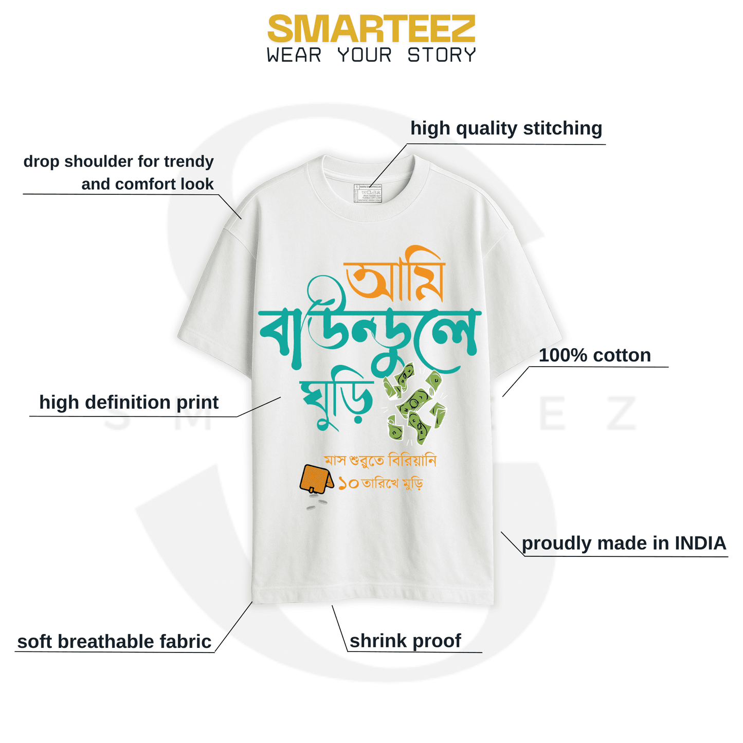 Infographic of Ami Baundule Ghuri drop shoulder T-shirt highlighting features like breathable cotton, high-definition print, and Indian make.
