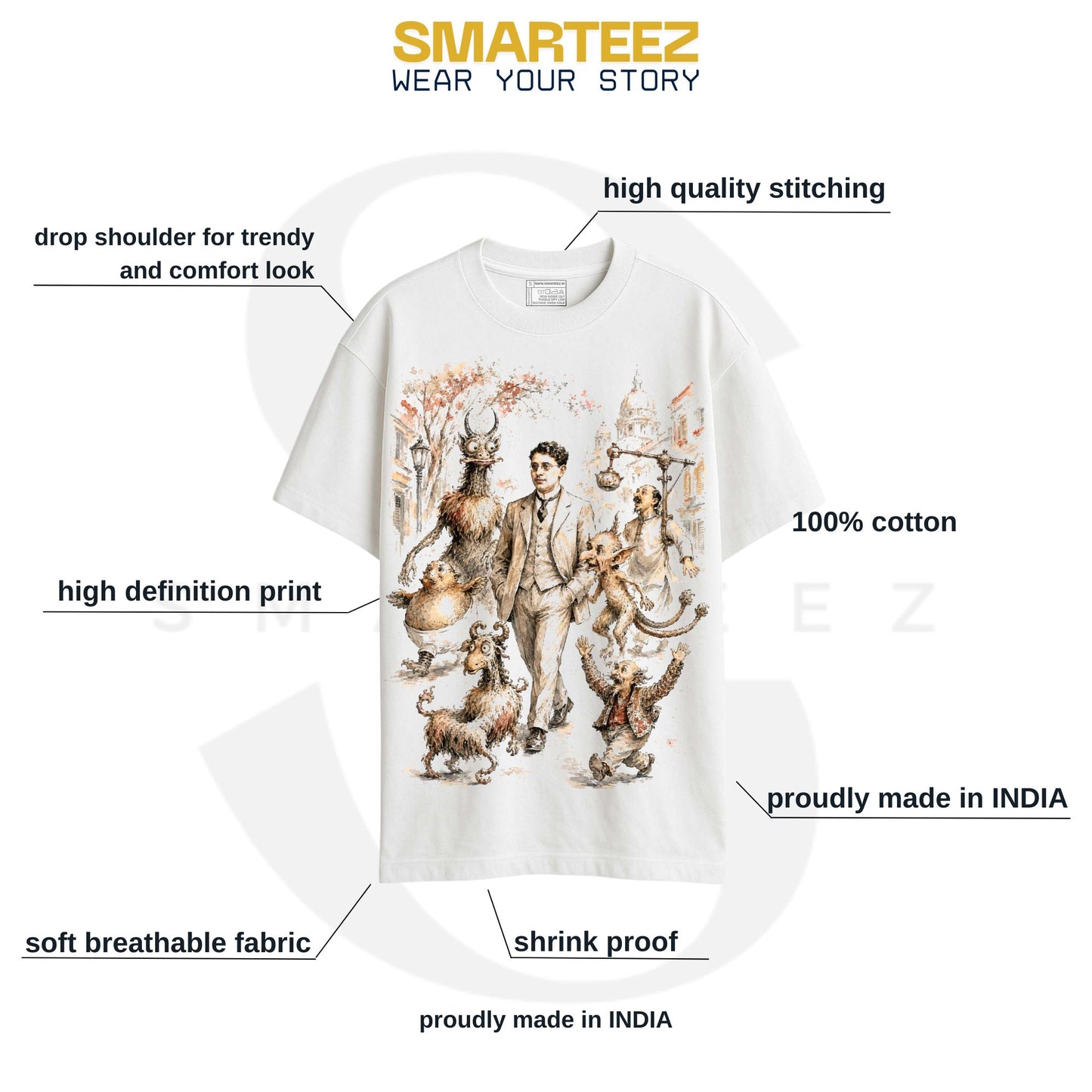 Close-up of Abol Tabol oversized T-shirt print detail showing Sukumar Ray's nonsense-verse creatures in watercolour-style illustration on white cotton