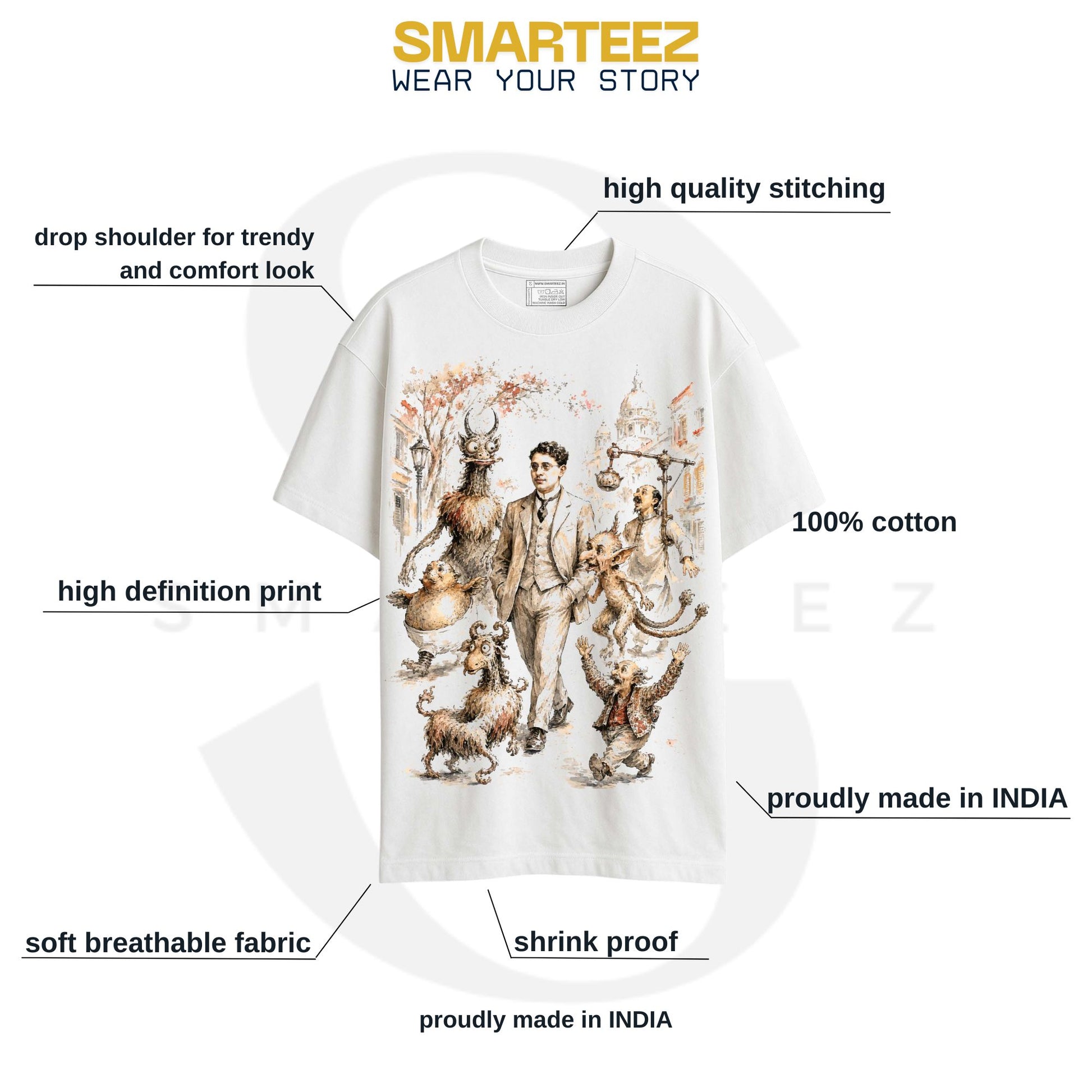 Close-up of Abol Tabol oversized T-shirt print detail showing Sukumar Ray's nonsense-verse creatures in watercolour-style illustration on white cotton