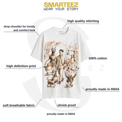 Close-up of Abol Tabol oversized T-shirt print detail showing Sukumar Ray's nonsense-verse creatures in watercolour-style illustration on white cotton