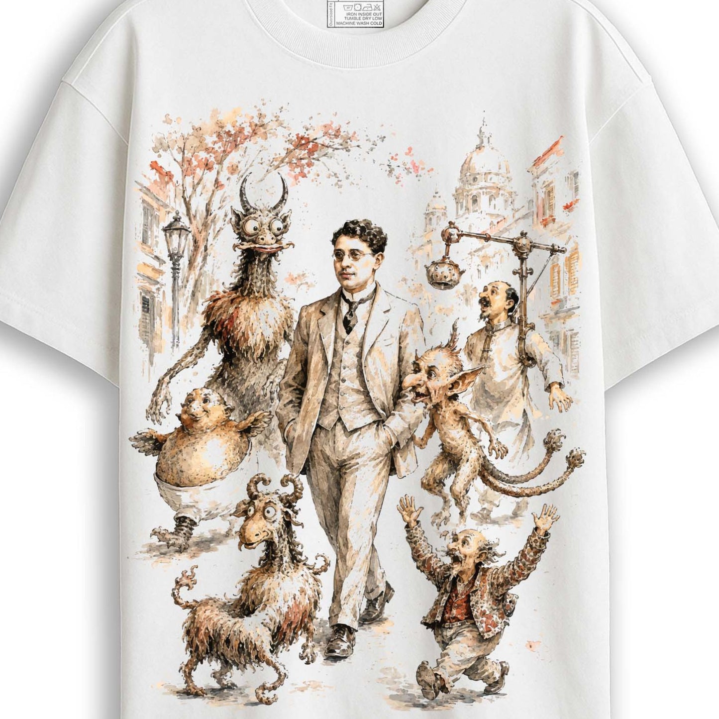 Full front flat lay of white Abol Tabol oversized T-shirt featuring Sukumar Ray's nonsense-verse creatures in watercolour illustration, unisex cotton fit