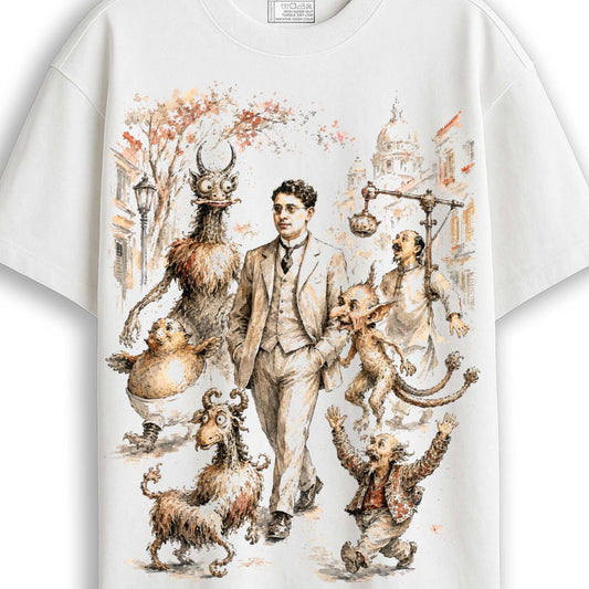 Full front flat lay of white Abol Tabol oversized T-shirt featuring Sukumar Ray's nonsense-verse creatures in watercolour illustration, unisex cotton fit