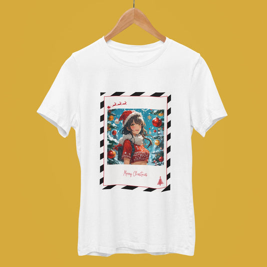 White unisex t-shirt with a cute anime girl and Christmas-themed design.