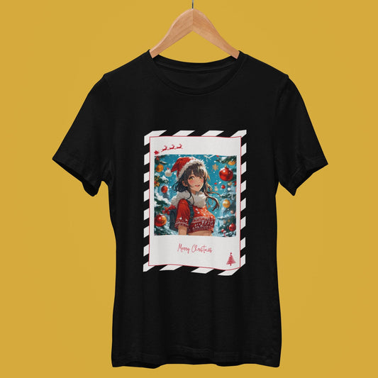 Black unisex t-shirt featuring a festive anime girl with Christmas decorations.