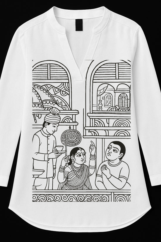 Babuana Cotton Kurti features bold Patachitra-style graphic print of a Bengali café scene on breathable white cotton fabric. Ideal for ethnic casual wear.