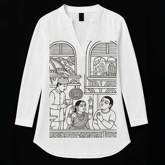 Babuana Cotton Kurti features bold Patachitra-style graphic print of a Bengali café scene on breathable white cotton fabric. Ideal for ethnic casual wear.
