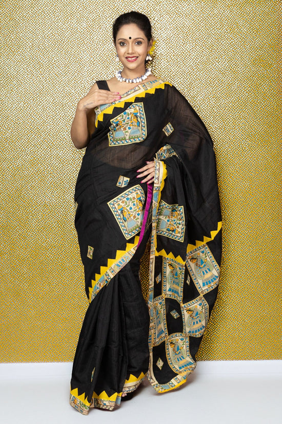 Bengali craft-inspired Heritage Cotton Saree with appliqué artwork and geometric yellow border, suited for Durga Puja and ethnic occasions.