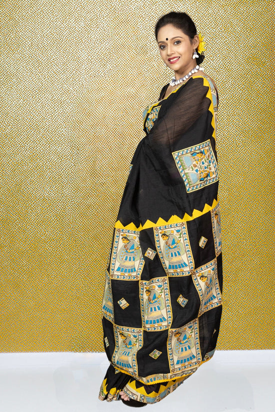 Elegant black Heritage Appliqué Saree with colorful Bengali folk appliqué work and yellow trim, perfect for traditional celebrations.