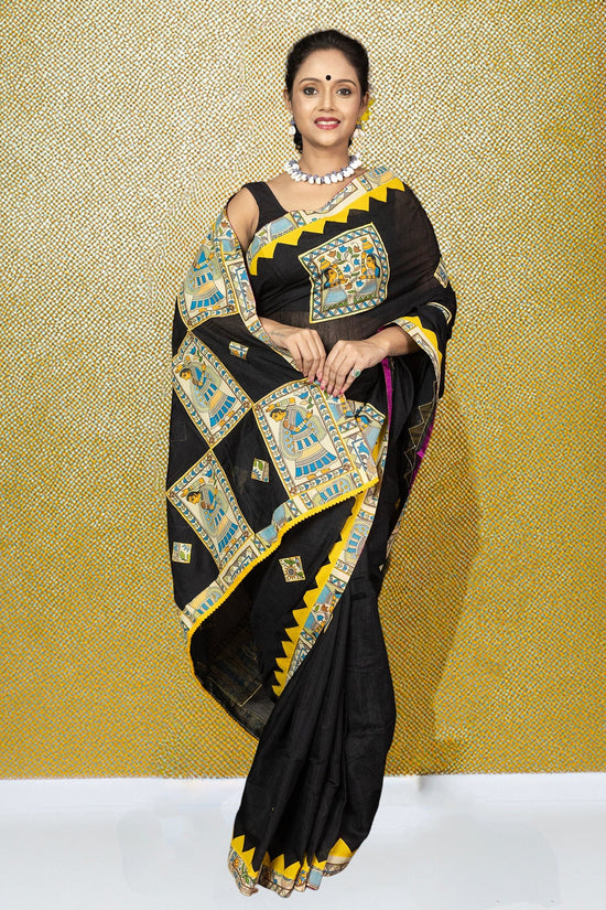Front view of Heritage Appliqué Cotton Saree with Bengali artistry, featuring square appliqué panels and traditional yellow border design.