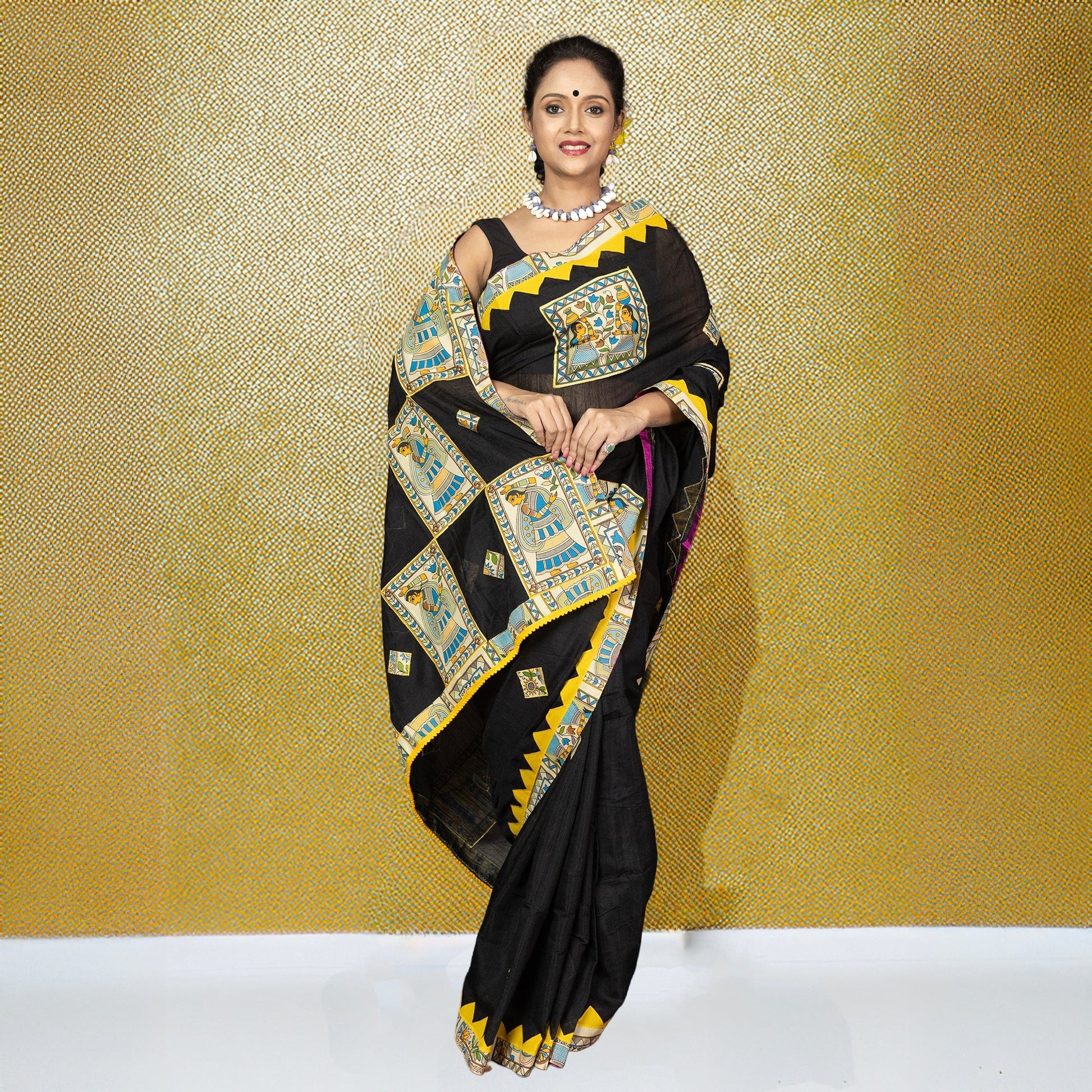 Front view of Heritage Appliqué Cotton Saree with Bengali artistry, featuring square appliqué panels and traditional yellow border design.