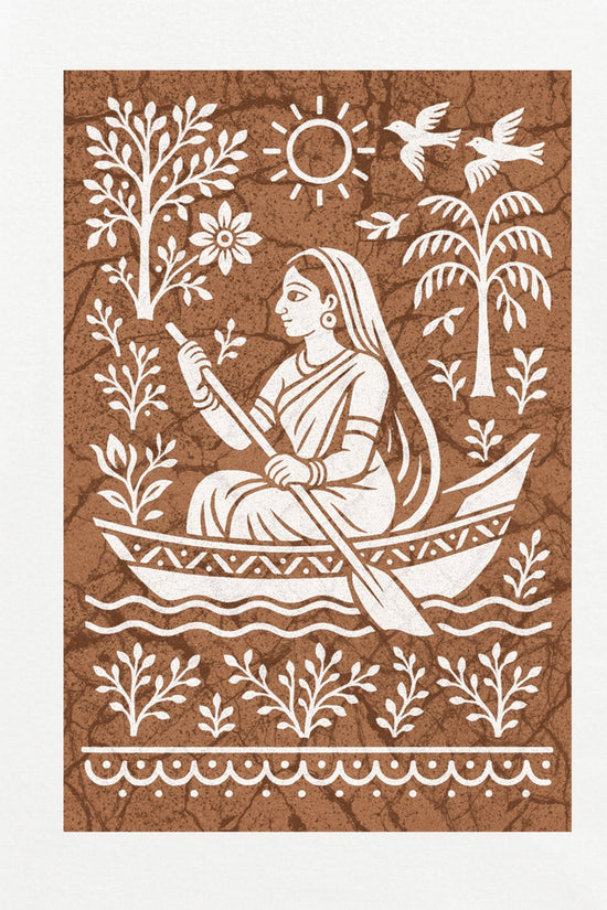 Bengali Boatwoman T-Shirt – Batik Style Folk Art on Cotton