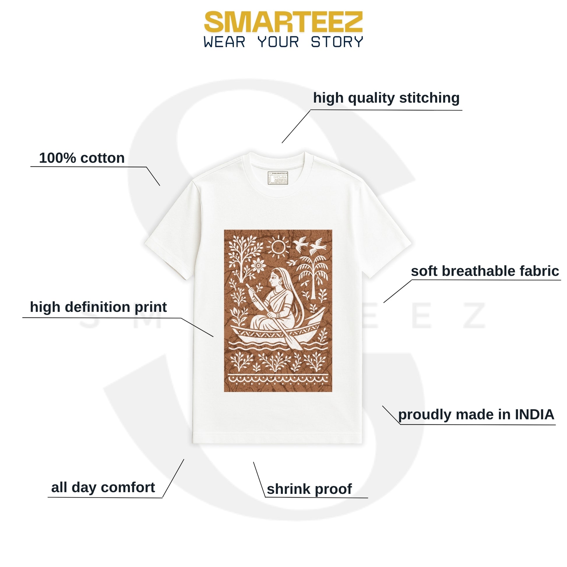 Bengali Boatwoman T-Shirt – Batik Style Folk Art on Cotton