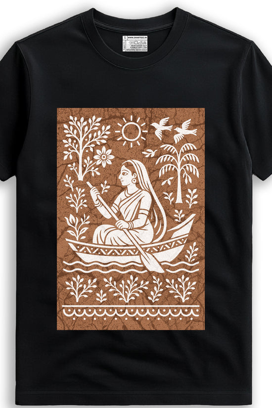 Bengali Boatwoman T-Shirt – Batik Style Folk Art on Cotton