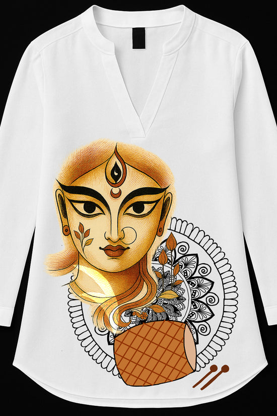 Bengali Festive Artwork Kurti for Women featuring Durga Puja goddess illustration in gold and black on white cotton fabric. Ideal for cultural events.