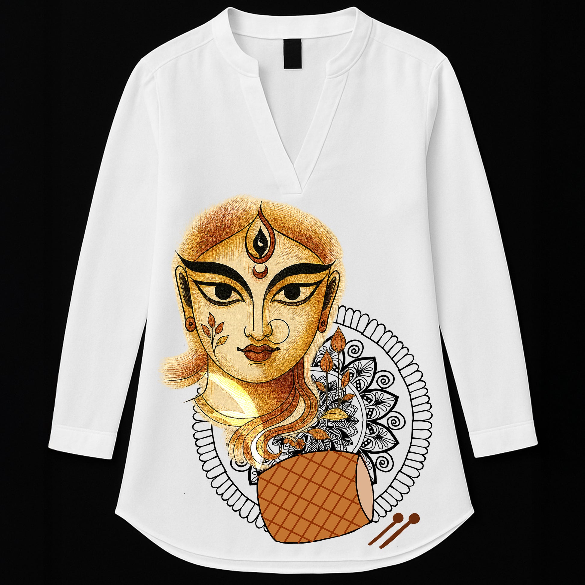 Bengali Festive Artwork Kurti for Women featuring Durga Puja goddess illustration in gold and black on white cotton fabric. Ideal for cultural events.