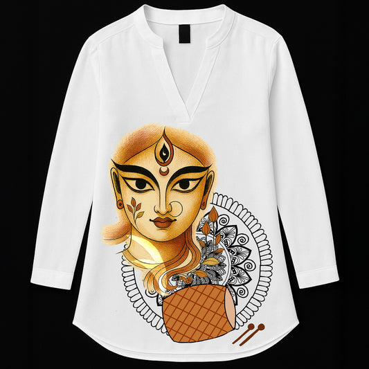 Bengali Festive Artwork Kurti for Women featuring Durga Puja goddess illustration in gold and black on white cotton fabric. Ideal for cultural events.