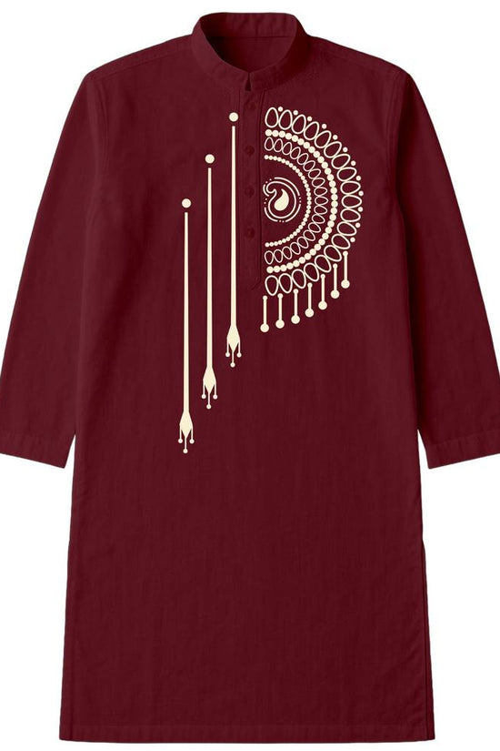 Bengali Mandala Art Kurta in deep maroon with intricate Alpona-inspired mandala design, ideal for traditional and versatile wear.