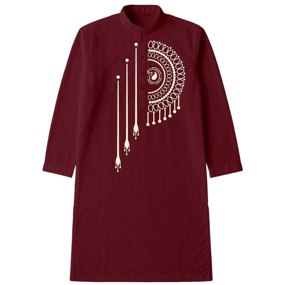 Bengali Mandala Art Kurta in deep maroon with intricate Alpona-inspired mandala design, ideal for traditional and versatile wear.