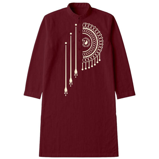 Bengali Mandala Art Kurta in deep maroon with intricate Alpona-inspired mandala design, ideal for traditional and versatile wear.