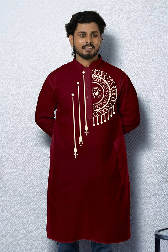 Bengali Mandala Art Kurta in deep maroon with intricate Alpona-inspired mandala design on chest. Traditional men's kurta for versatile wear.