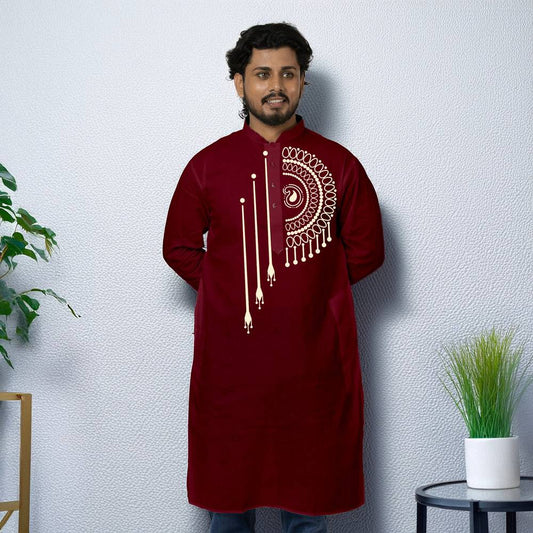 Bengali Mandala Art Kurta in deep maroon with intricate Alpona-inspired mandala design on chest. Traditional men's kurta for versatile wear.