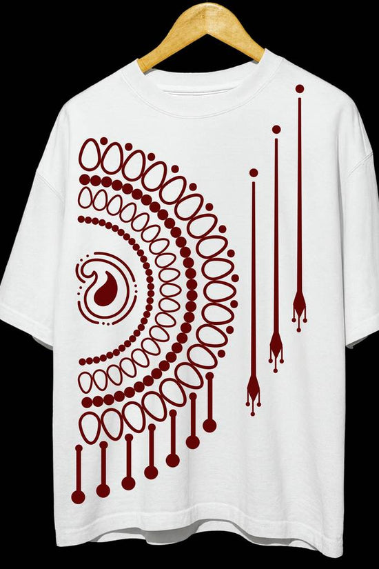 Bengali Mandala Art T-Shirt in white with bold maroon mandala design, unisex oversized cotton tee blending tradition and streetwear style.