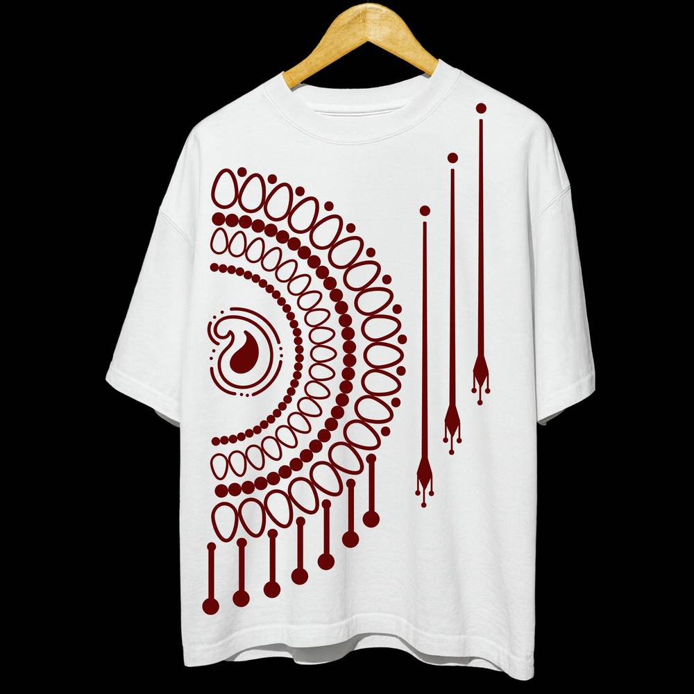 Bengali Mandala Art T-Shirt in white with bold maroon mandala design, unisex oversized cotton tee blending tradition and streetwear style.