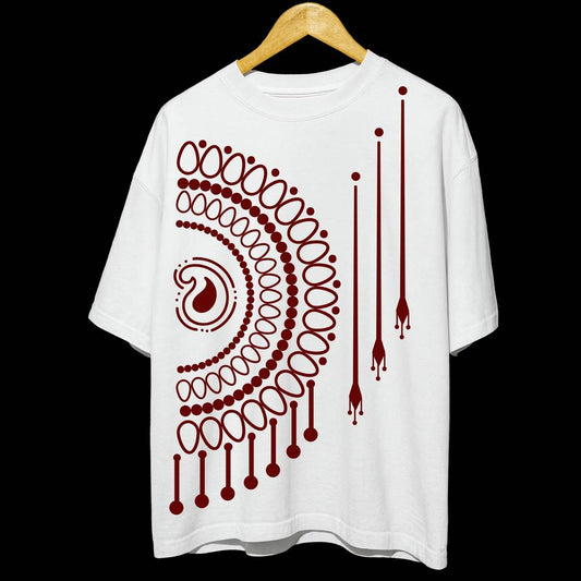 Bengali Mandala Art T-Shirt in white with bold maroon mandala design, unisex oversized cotton tee blending tradition and streetwear style.